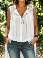Women’s Eyelet Hollow Collar Sleeveless Cotton Linen Tunic Top
