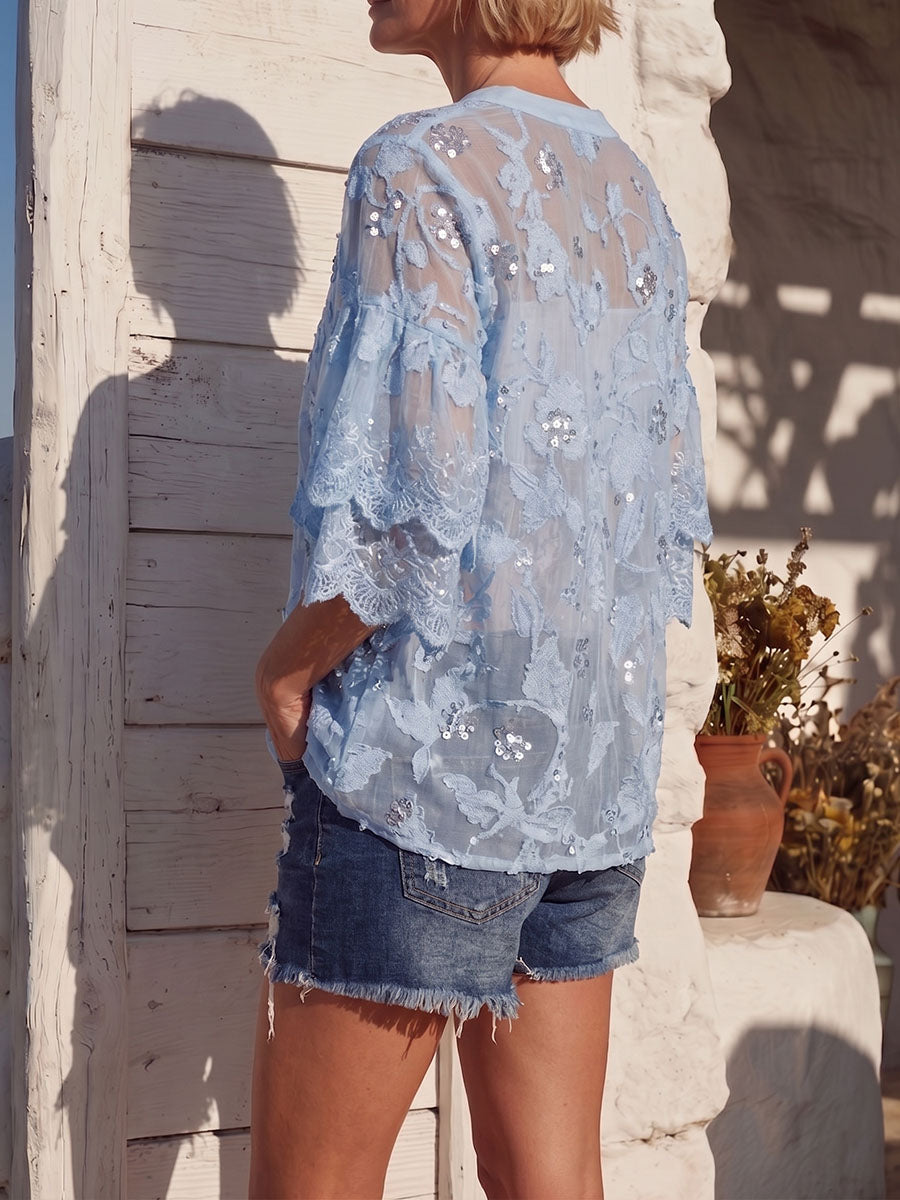 Vintage Art Comfortable Summer Fabrics Sequin Embellished Jacquard Chiffon Shirt