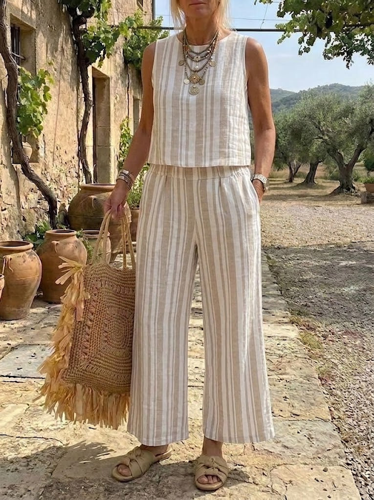 Women's Beige Striped Sleeveless Linen-Blend Set