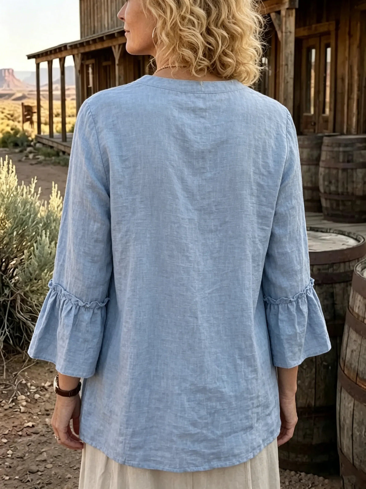 Women's Solid Linen Blend Split Neck Flare 3/4 Sleeve Blouse