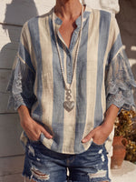 Vintage Art Comfortable Summer Fabrics Stripe Print Chiffon Shirt