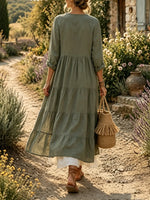 Women's Solid Textured Stand Collar Tiered Ruffle Long Kimono Dress