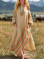 Women's Off Shoulder Diagonal Stripe Side Slit Loose Linen Maxi Kaftan Dress