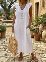 Women's White Ruffle-Shoulder V-Neck Maxi Dress