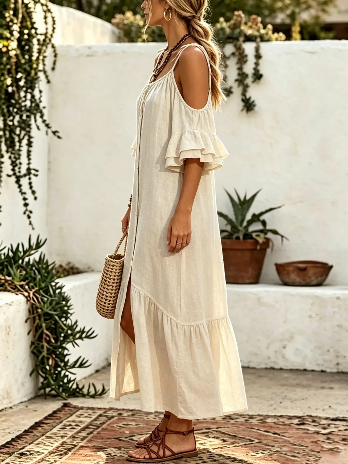 Women Solid Tie Cold Shoulder Button Front Split Ruffle Maxi Dress
