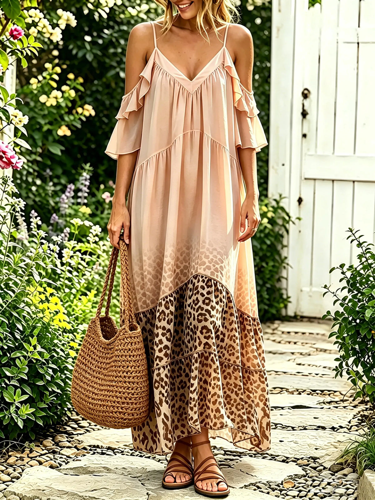 Women Blush Leopard Print Patchwork Cold Shoulder Cami Maxi Dress