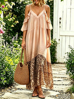 Women Blush Leopard Print Patchwork Cold Shoulder Cami Maxi Dress