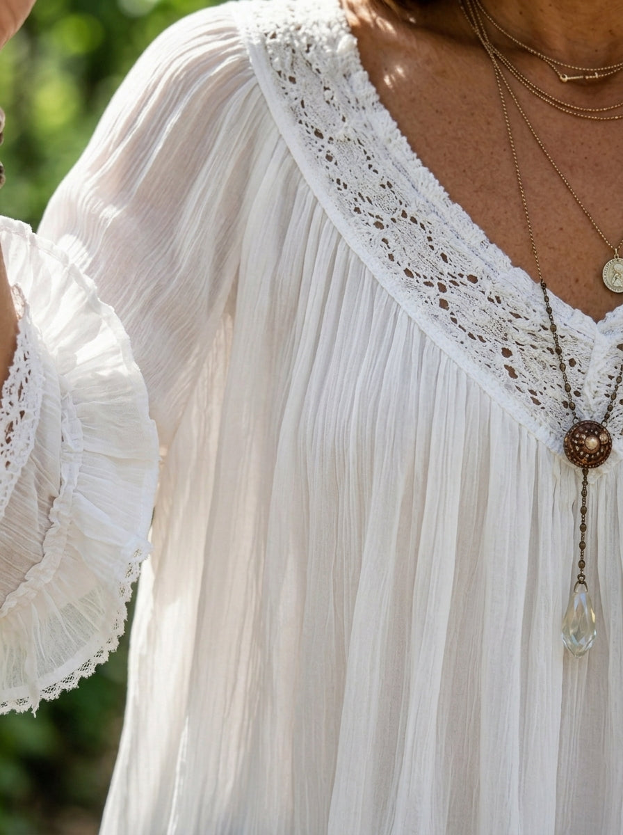 Women’s Lace V Neck Ruffle Crinkled Chiffon Blouse