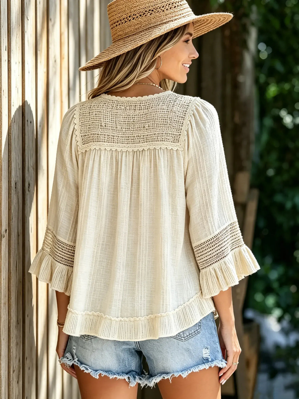 Women Solid Crochet Lace Tassel V-Neck Loose Babydoll Top