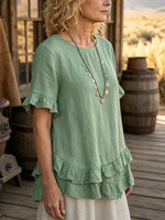 Women's Solid Linen Blend Ruffle Hem Short Sleeve Casual Blouse
