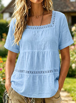 Women’s Square Neck Lace Tiered Short Sleeve Boho Blouse