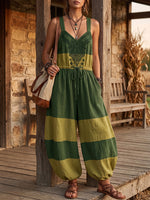 Vintage Art Comfortable Summer Fabrics Sleeveless Patchwork Cotton Linen Pattern Print Jumpsuit