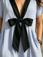 Women's Striped V-Neck Bow Maxi Dress