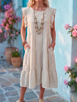 Vintage Art Comfortable Summer Fabrics Cotton Linen Color Block Patchwork Dress