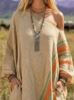 Women's Off Shoulder Diagonal Stripe Side Slit Loose Linen Maxi Kaftan Dress