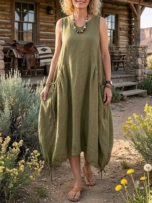 Women's Solid Drawstring Side Pocket Linen Sleeveless Bubble Dress