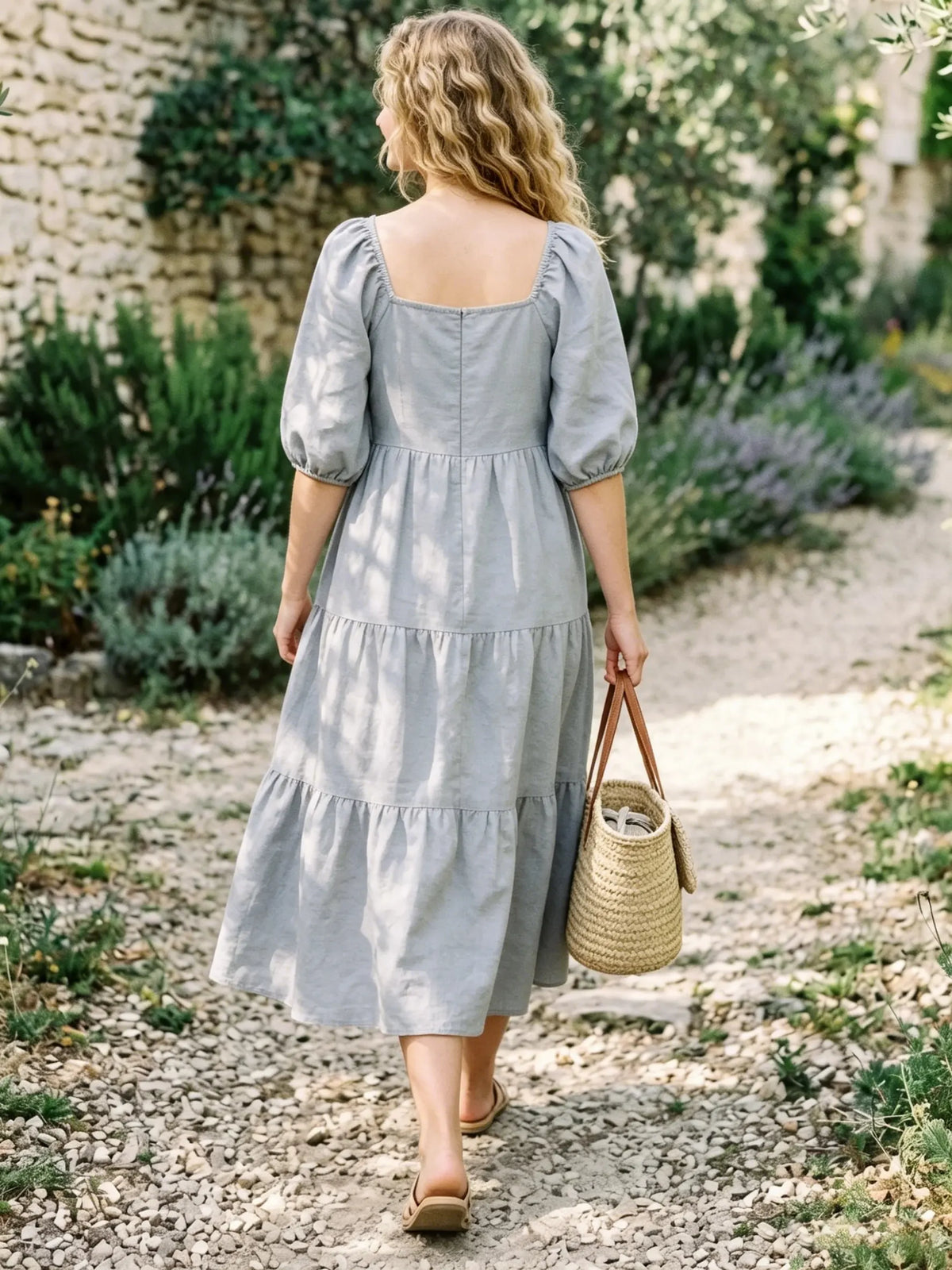 Women's Solid Color Square-Neck Puff-Sleeve Tiered Cake Dress