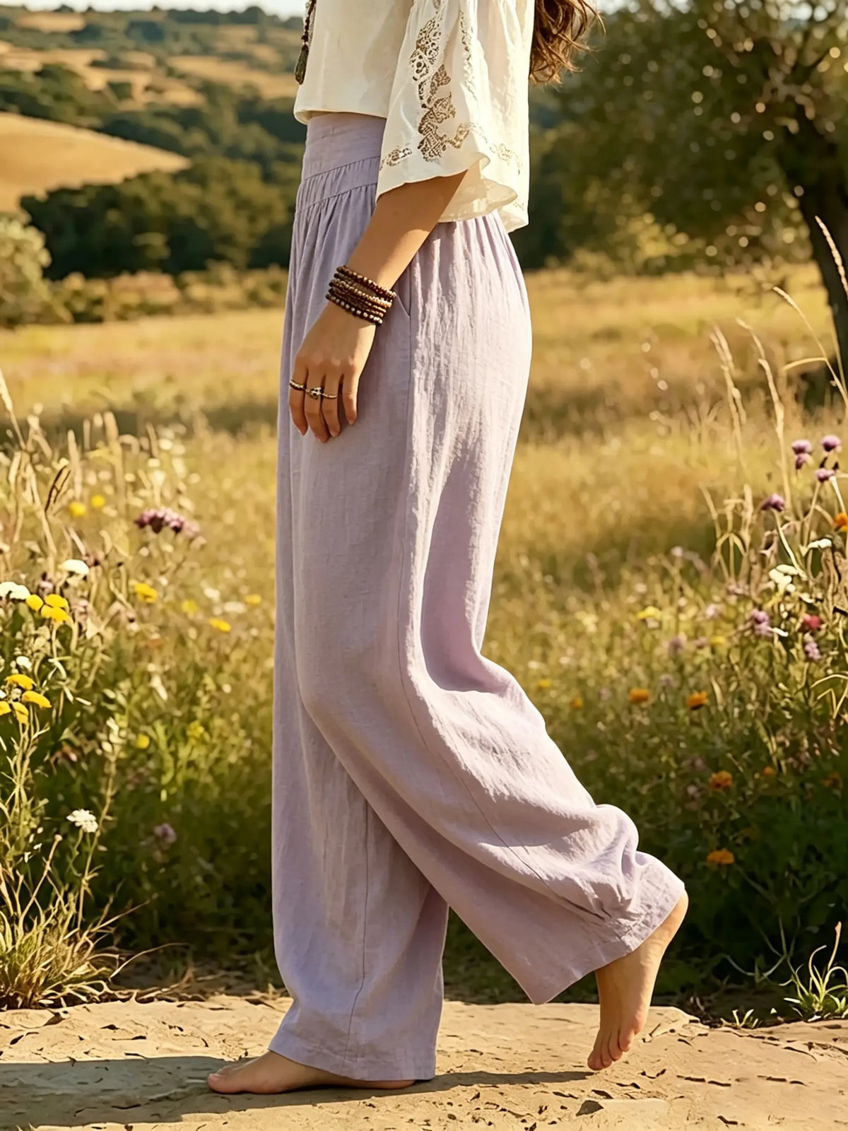 Women's Solid Textured Elastic Waist Linen Wide Leg Harem Pants