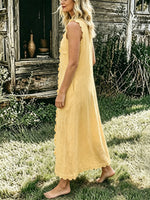 Women's Scalloped Ruffle V Neck Sleeveless Linen Midi Dress with Side Pockets