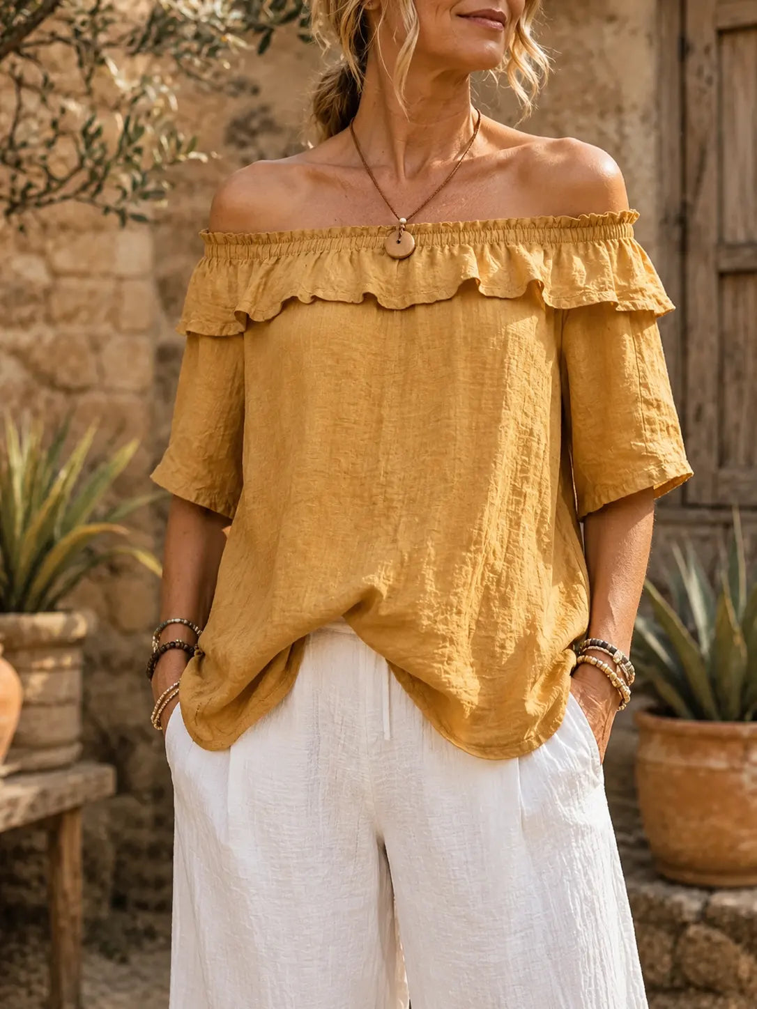Women Solid Ruffle Off Shoulder Short Sleeve Top