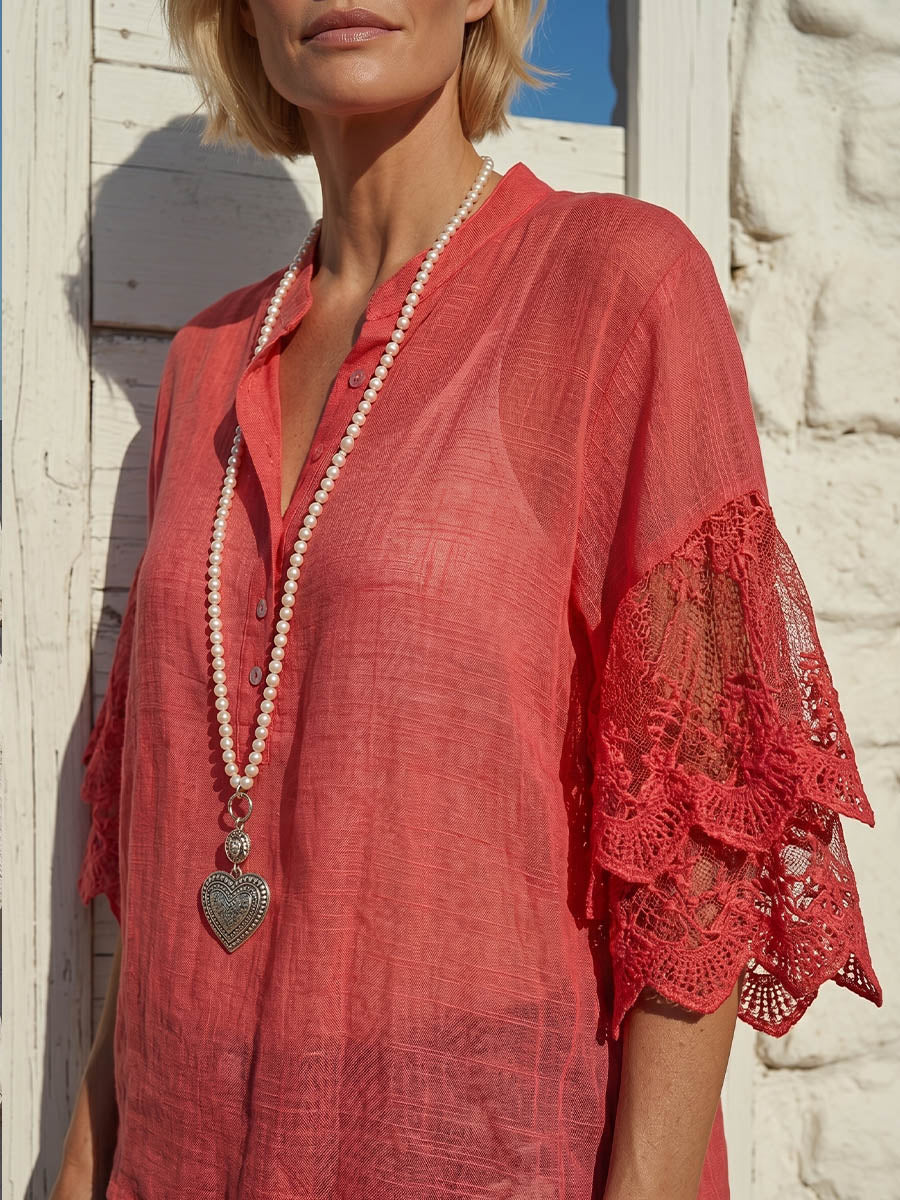 Vintage Art Comfortable Summer Fabrics Sheer Cotton And Linen Patchwork Lace Shirt