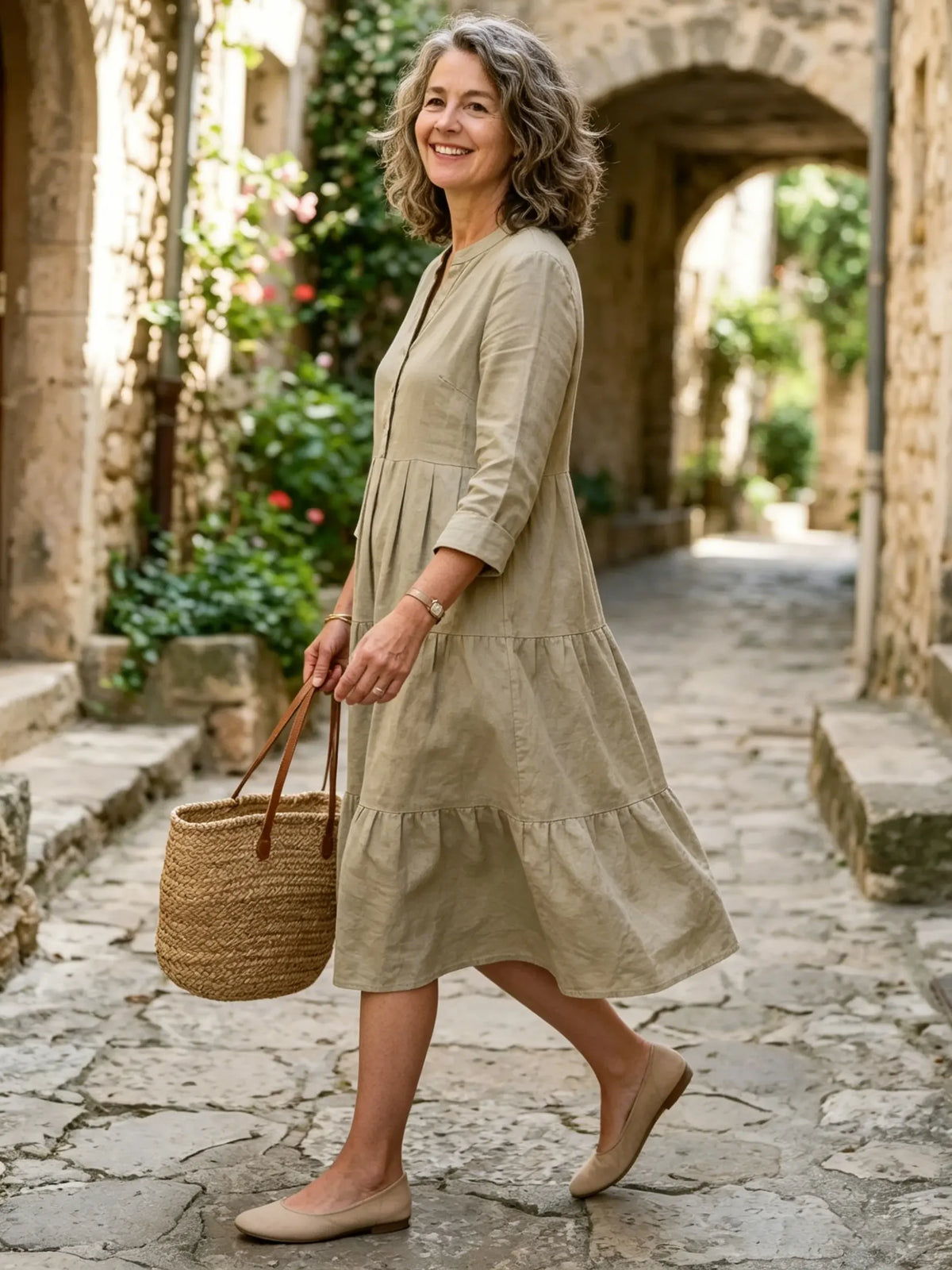 Women's Solid Mandarin Collar Half Placket 3/4 Sleeve Tiered Linen Midi Dress