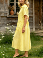 Women's Solid Collar Full Button Dual Pocket Short Sleeve Linen Midi Dress