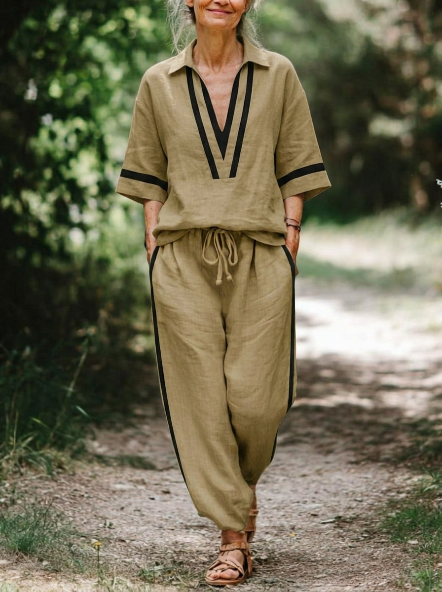 Womens Stripe Trim Linen Two Piece Set, Collar V Neck Half Sleeve Top & Drawstring Jogger Pants Outfit