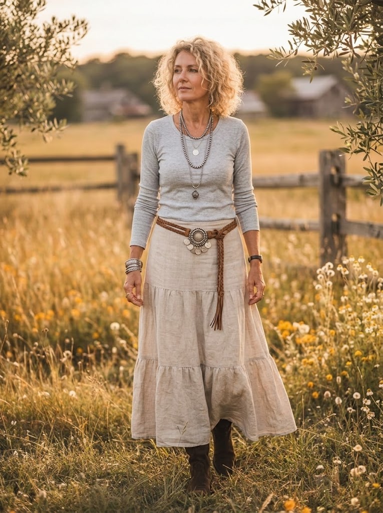 Women's Solid Tiered Linen-Blend Flared Maxi Skirt