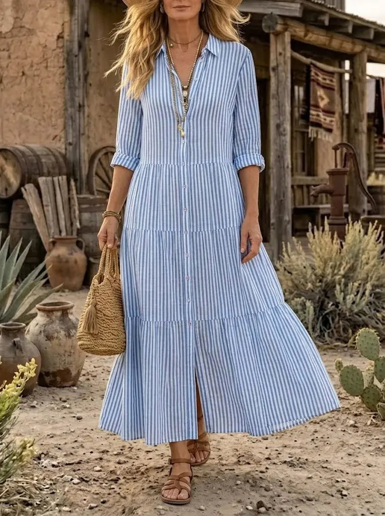 Coastal Breeze Striped Tiered Shirt Dress