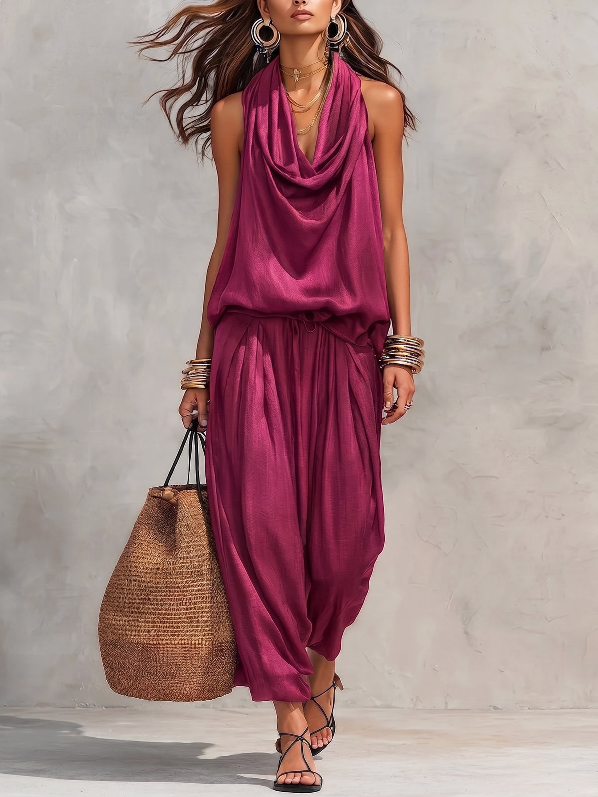 Women's Casual Halter-neck Wide-leg Jumpsuit With Cowl Neck