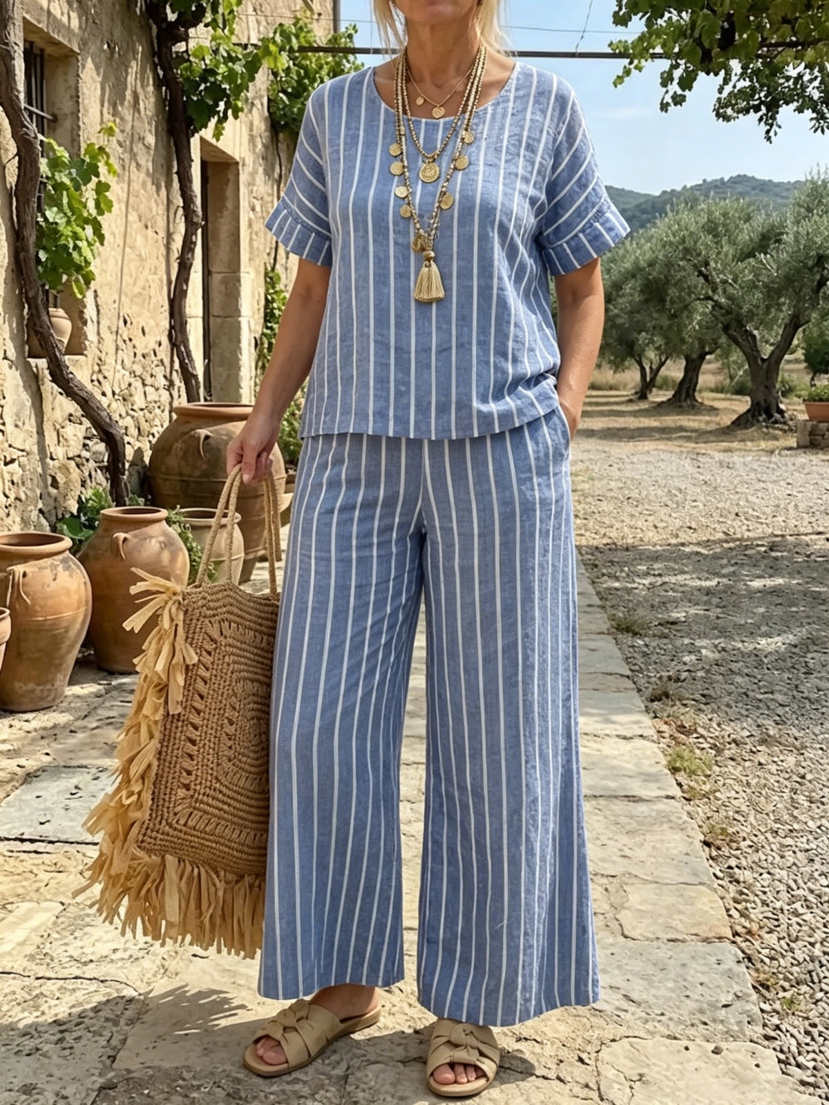 Women's Blue Striped Linen-Blend Set