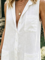 Womens Lapel Sleeveless Button Front Linen Wide Leg Jumpsuit With Pockets