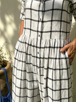 Womens Plaid Button Down Cotton Linen Wide Leg Jumpsuit With Pockets