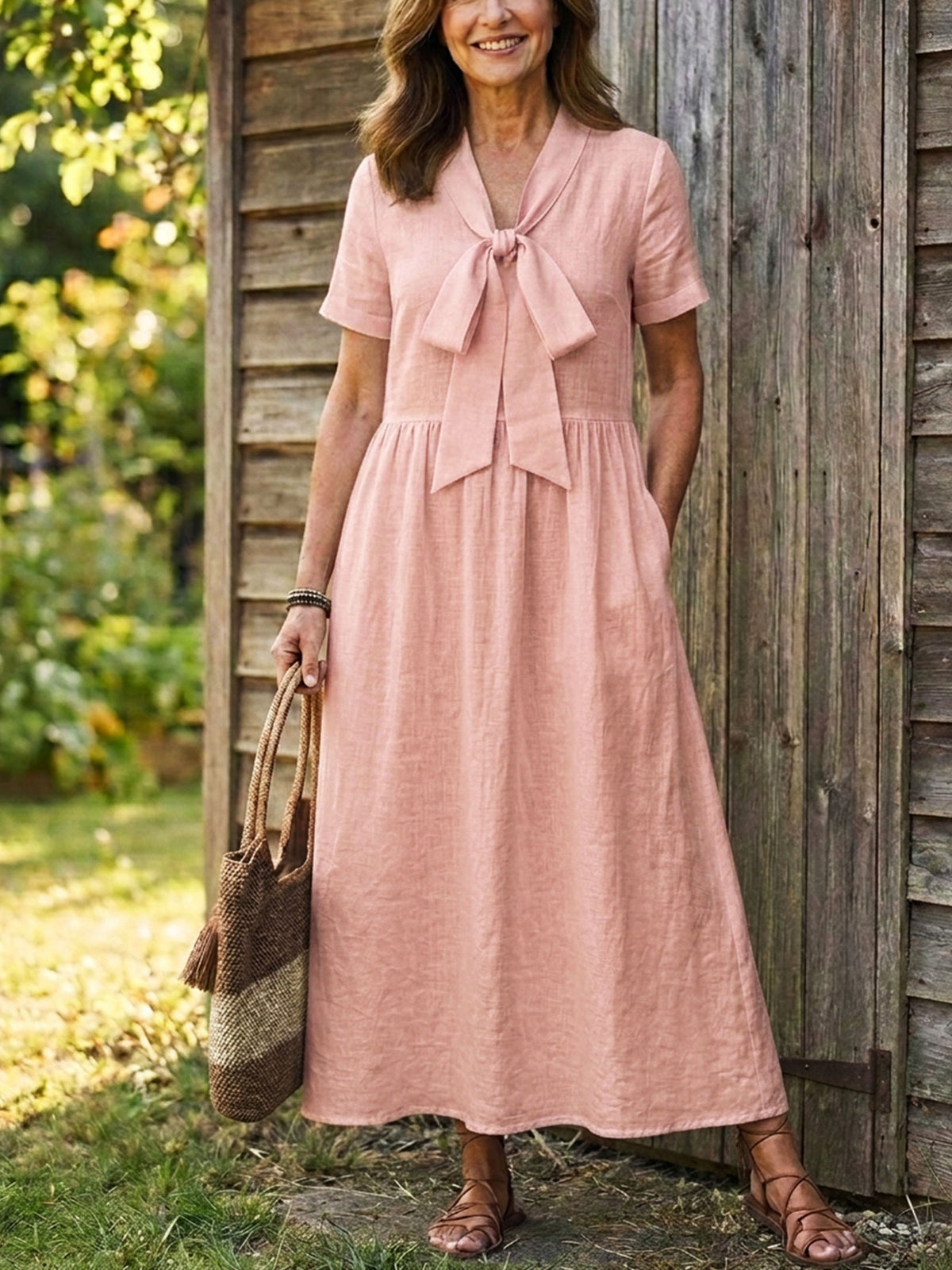 Women’s V Neck Bow Front Linen Midi Dress With Pockets