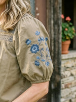 Women's Blue Floral Embroidered Puff Short Sleeve Smocked Square Neck Linen Blouse