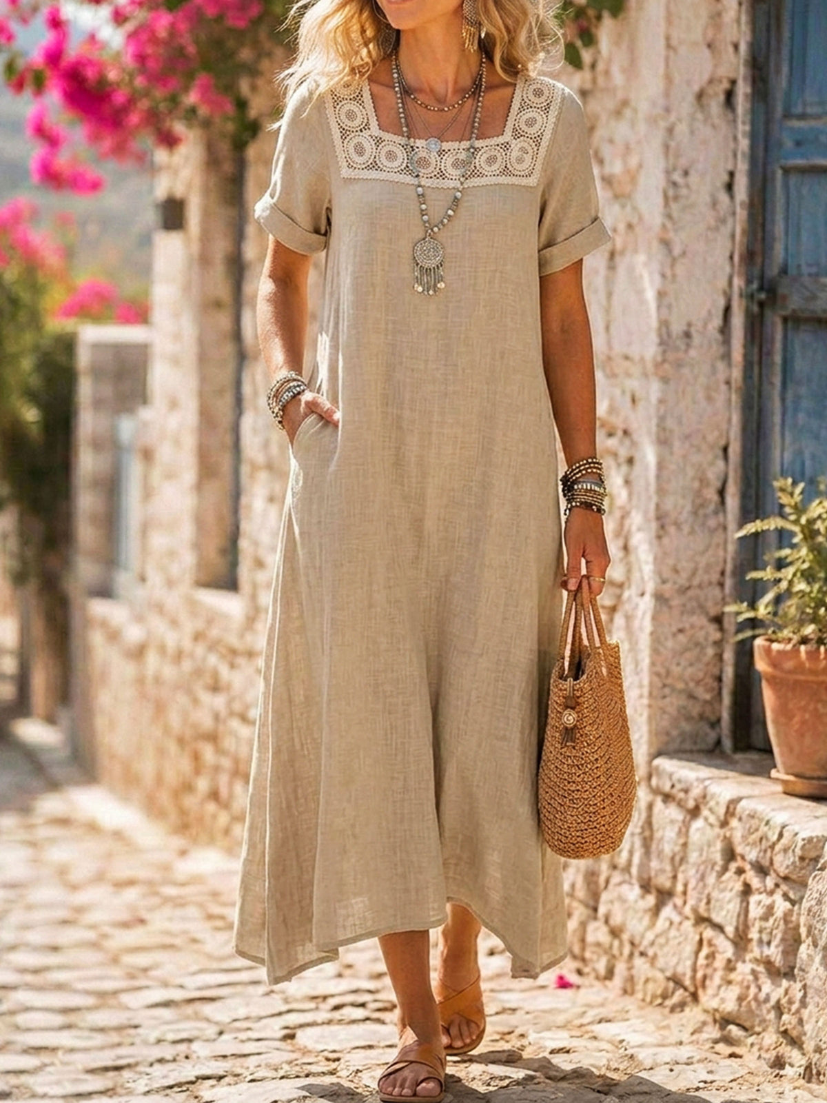 Women’s Square Neck Lace Trim Linen Midi Dress With Pockets