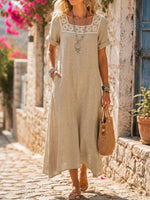 Women’s Square Neck Lace Trim Linen Midi Dress With Pockets