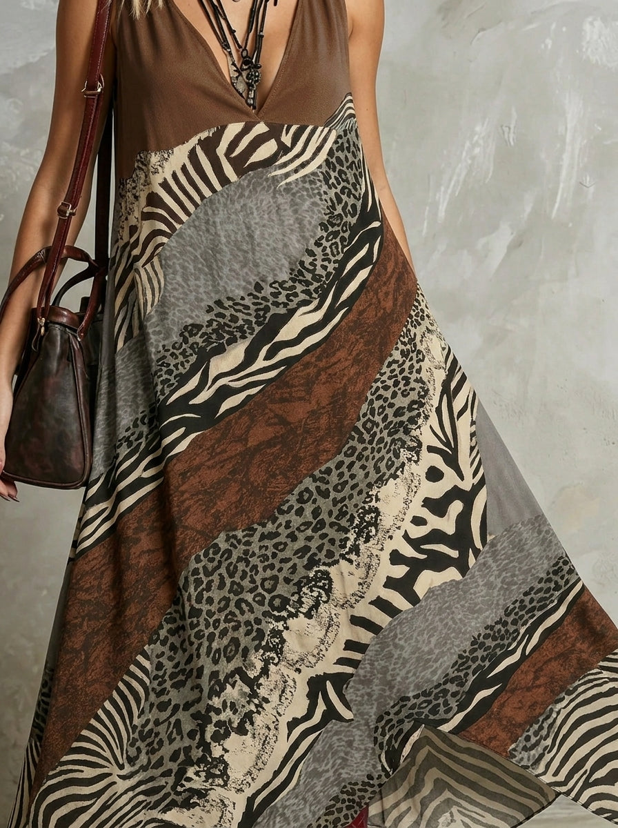 Women's V-Neck Sleeveless Mixed Animal Print Chiffon Maxi Dress With Side Pockets