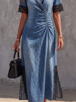 Vintage Art Comfortable Fabrics Hollowed Out Lace Patchwork Denim Dress