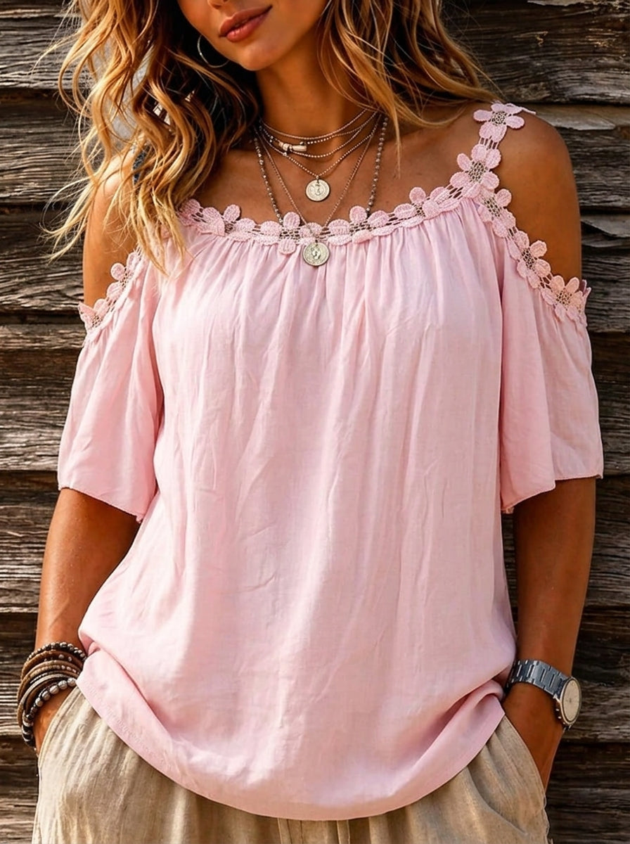 Women’s Floral Lace Cold Shoulder Short Sleeve Loose Boho Blouse