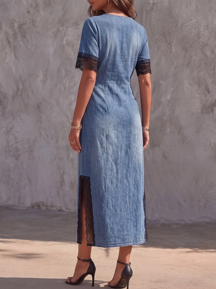Vintage Art Comfortable Fabrics Hollowed Out Lace Patchwork Denim Dress
