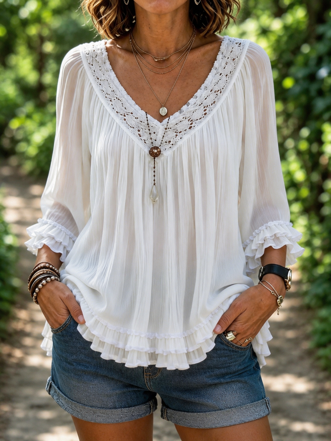 Women’s Lace V Neck Ruffle Crinkled Chiffon Blouse