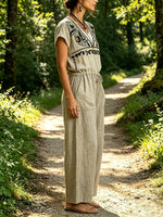 Women's Vintage Bird Floral Embroidery Drawstring Waist Short Sleeve Jumpsuit