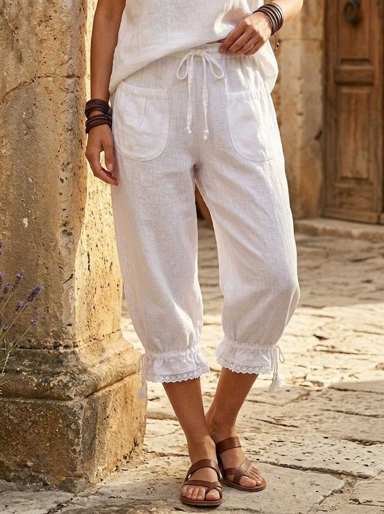 Women's Linen Lace-Hem Capri Pants
