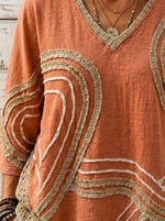 Women’s Rust Color V-Neck Fringe Embroidery 3/4 Sleeve Boho Blouse