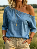 Women's Off Shoulder 3/4 Sleeve Denim Casual Blouse