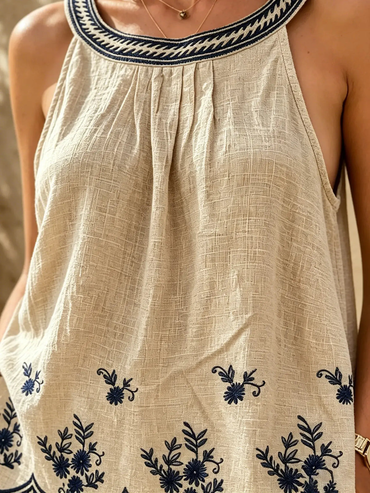 Women's Floral Botanical Embroidery Scallop Hem Halter Linen Tank Top