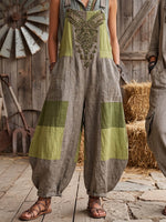 Vintage Art Comfortable Summer Fabrics Sleeveless Patchwork Cotton Linen Pattern Print Jumpsuit