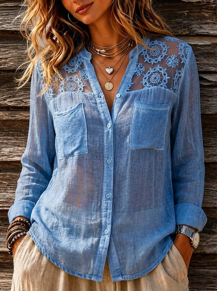 Women’s Chambray Sheer Floral Lace Shoulder Button Down Long Sleeve Shirt